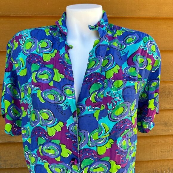 Vintage Blue Island Hawaiian Style Button Down Women’s Shirt Size M - Picture 2 of 13